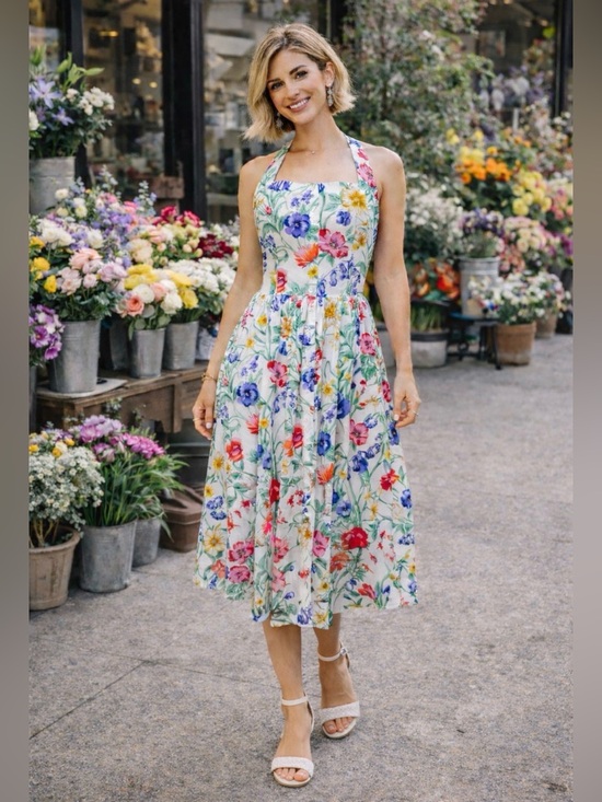 Together Dresses & Skirts - Together Vintage 80’s Floral Midi Dress with Halter Neck Sz 12
